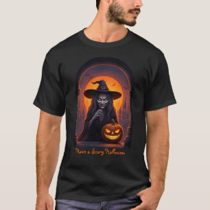 Halloween heks en gekke glimlach pompoen t-shirt
