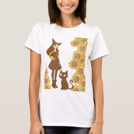 Halloween heks en kat met zonnebloemen t-shirt