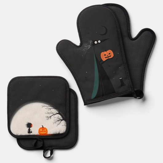 Halloween heks en pompoen ovenwant & pannenlap set (Voorkant / Achterkant)