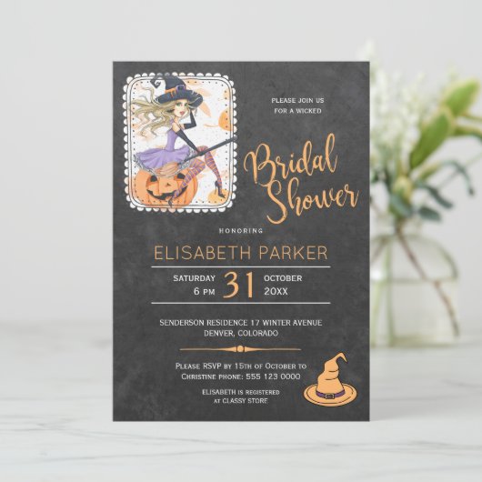 Halloween heks en pompoen vrijgezellenfeest partij kaart (Staand voorkant)