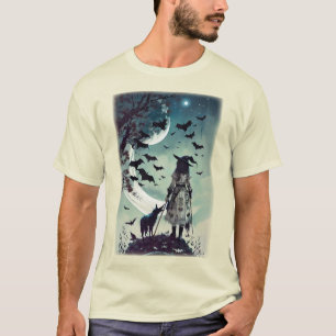 Halloween heks en wolf met volle maan en vleermuiz t-shirt