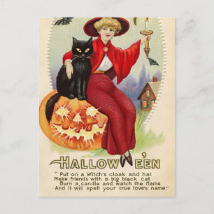 Halloween-heks en zwarte kat Briefkaart
