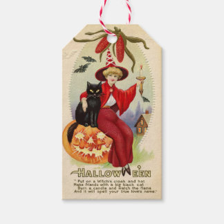  Halloween-heks en zwarte kat Cadeaulabel
