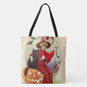 Halloween-heks en zwarte kat Draagtas