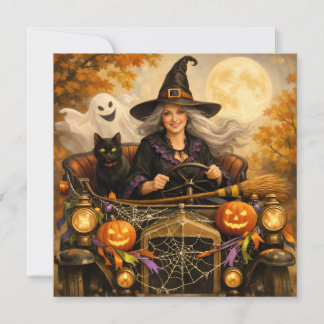 Halloween Heks in Antieke Auto met Zwarte Kat Feestdagenkaart