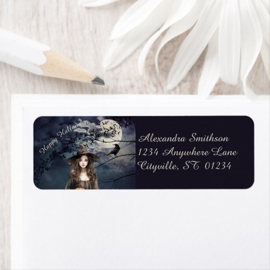 Halloween heks in het maanlicht etiket (Insitu)