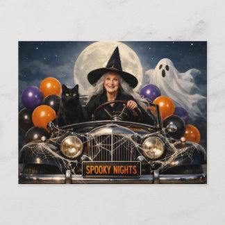 Halloween Heks in Oude Auto met Kat en Geest Briefkaart