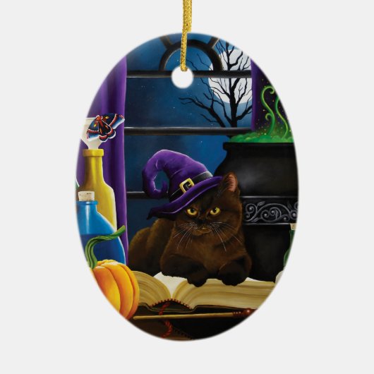 Halloween Heks Kat Paarse Magic Keramisch Ornament (Voorkant)