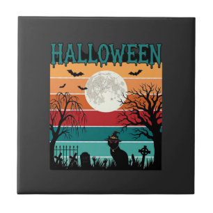 Halloween Heks Kat Spinnenweb Maan Kerkhof_1_1 Tegeltje