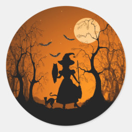 Halloween Heks Kat Vleermuizen en Maan Ronde Sticker