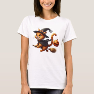 Halloween Heks Katten Riding Broomstick Pompoen T-shirt