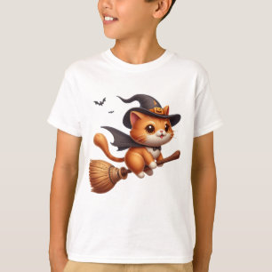 Halloween Heks Katten Rijden Broomstick Vleermuize T-shirt
