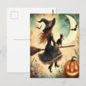 Halloween Heks met bezem en kat Briefkaart (Voorkant / Achterkant)