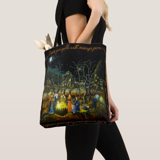 Halloween-heks met cauldron-canvas tas (Dichtbij)