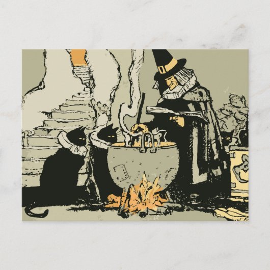 Halloween, heks met Cauldron en katten Briefkaart (Voorkant)
