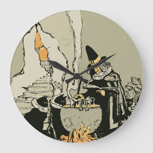  Halloween, heks met Cauldron en katten Grote Klok (Voorkant)