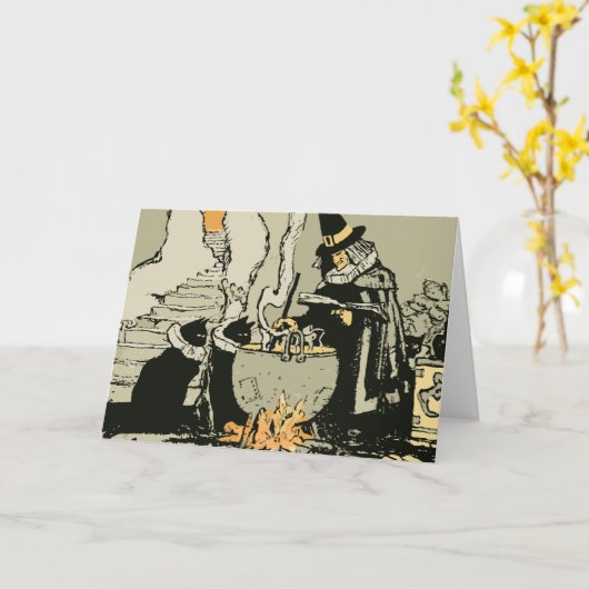  Halloween, heks met Cauldron en katten Kaart (Gele Bloem)