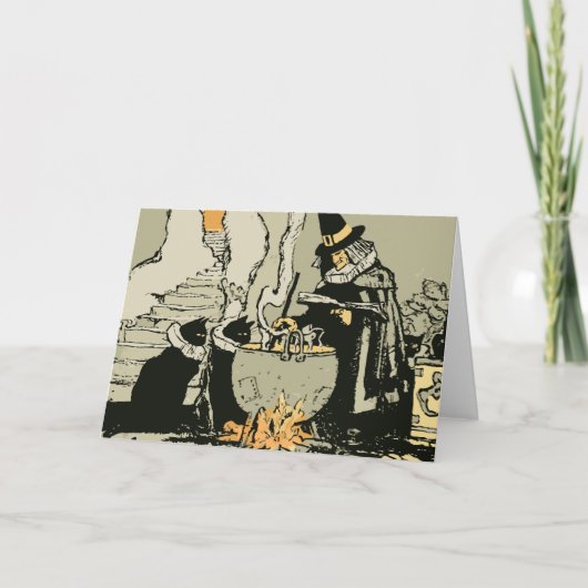 Halloween, heks met Cauldron en katten Kaart (Voorkant)