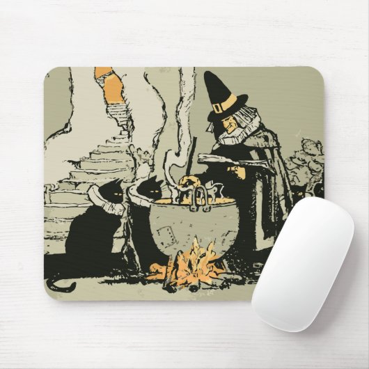  Halloween, heks met Cauldron en katten Muismat (Met muis)