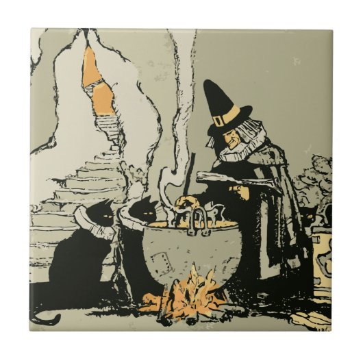  Halloween, heks met Cauldron en katten Tegeltje (Voorkant)