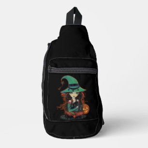 Halloween Heks met Grote Ogen en Zwarte Kat Sling Bag