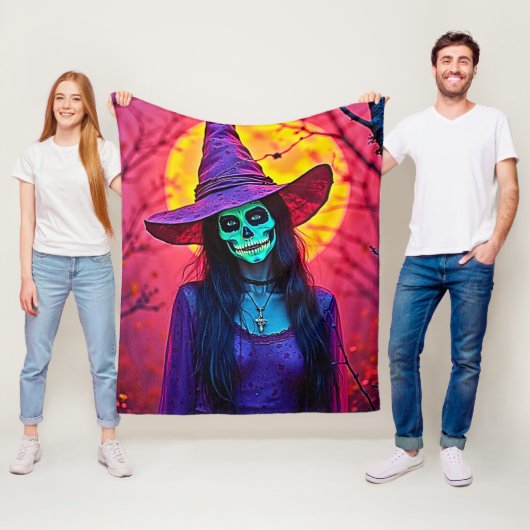 Halloween Heks met Schedel Gezicht Design Fleece Deken (In situ)
