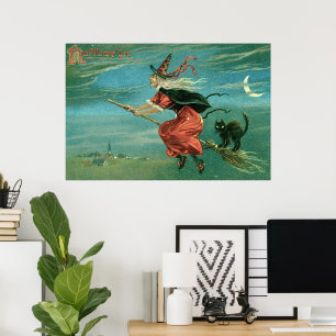 Halloween heks met zwarte kat Poster