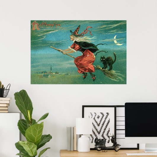 Halloween heks met zwarte kat Poster (Thuiskantoor)