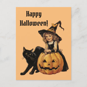 Halloween heks met zwarte poes en pompoen Briefkaart