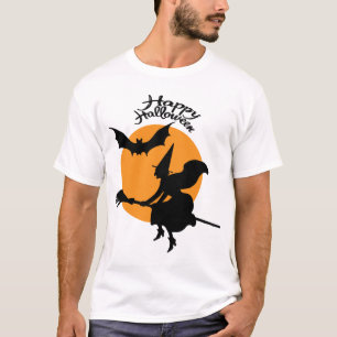 Halloween heks op bezemsteel met vleermuis, heks t-shirt