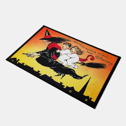 Halloween-heks op broomstick met stutte Kinderen Deurmat (Schuin)