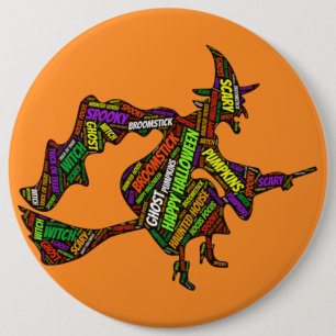 Halloween Heks op een Bezemsteel Oranje Typografie Ronde Button 6,0 Cm