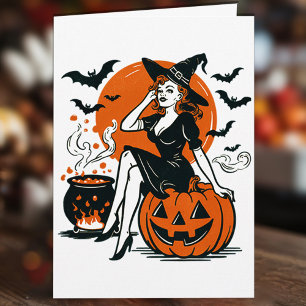 Halloween heks op Pumpkin Bats Cauldron Kaart