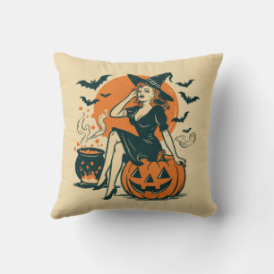 Halloween heks op Pumpkin Bats Cauldron Kussen
