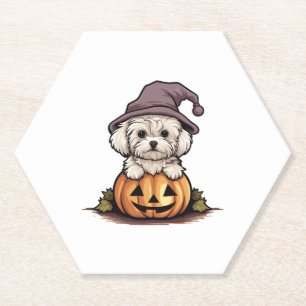 Halloween Heks Pet Pompoen Hond Maltees Kartonnen Onderzetters