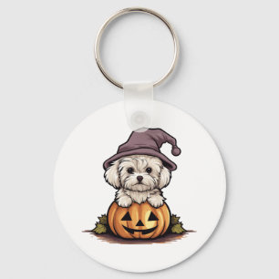 Halloween Heks Pet Pompoen Hond Maltees Sleutelhanger