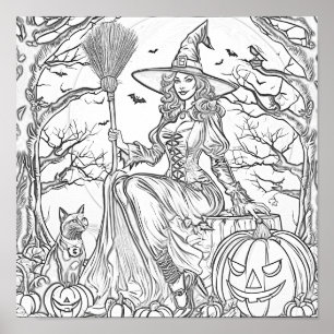 Halloween heks, pompoen en kat kleurplaat poster