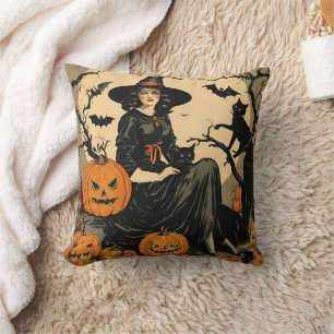Halloween Heks, Pompoen, Zwarte Kat, Vleermuizen Kussen