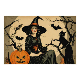  Halloween Heks, Pompoen, Zwarte Kat, Vleermuizen Perfect Poster