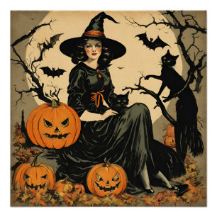  Halloween Heks, Pompoen, Zwarte Kat, Vleermuizen Perfect Poster