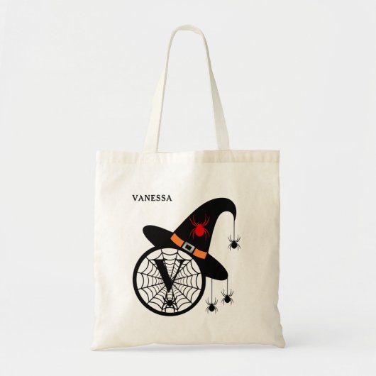 Halloween Heks Spin Monogram V Aangepaste Naam Tote Bag (Voorkant)