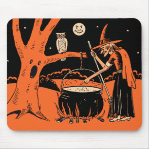 Halloween-heks uit de jaren 1940 met Cauldron Muismat