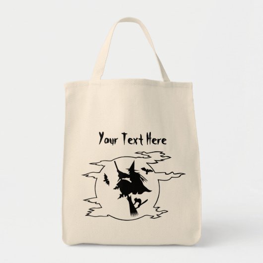 Halloween heks vliegende broomstick met kat en bat tote bag (Voorkant)