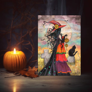Halloween Heks Zwarte Kat Kerkhof Fantasie Kunst Kaart