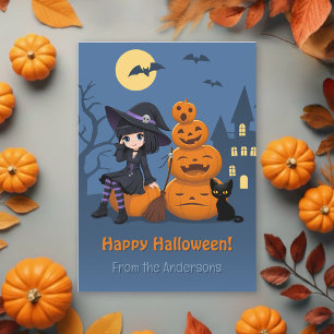 Halloween Heks, Zwarte Kat, Pompoenen van Familie Feestdagenkaart