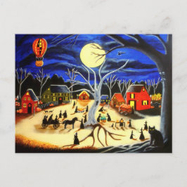 Halloween, heksen, zwart, kat, warm, luchtballon briefkaart