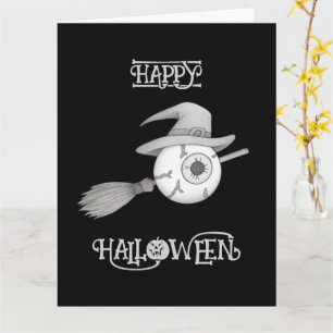 Halloween heksenbezem en enge oogbol kaart