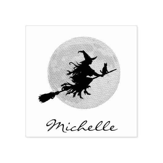 Halloween heksenkat vliegt over volle maan rubberstempel (Afrduk)