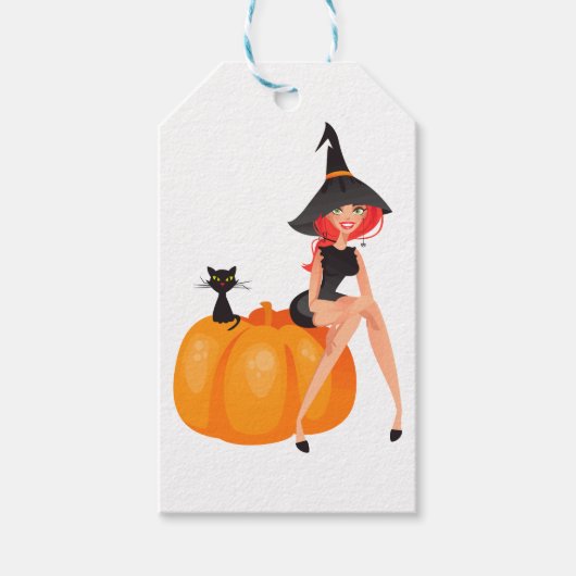 Halloween Heksenpompoen & Zwarte Kat Cadeaulabel (Voorkant)