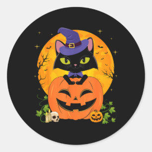Halloween Hekserige Zwarte Kat En Pompoen Meisjes Ronde Sticker